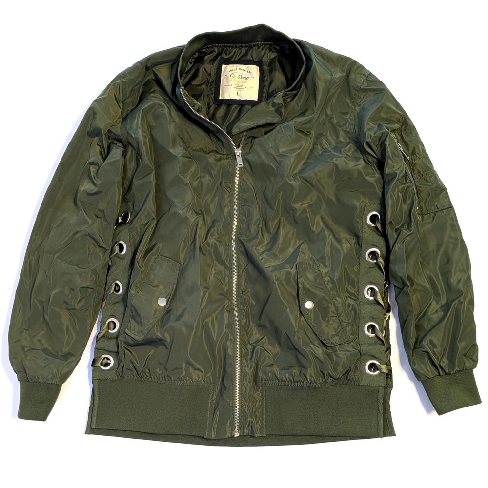 Ci Sono Original Olive Green Lace Up Side Bomber Jacket Large Utility Coat
